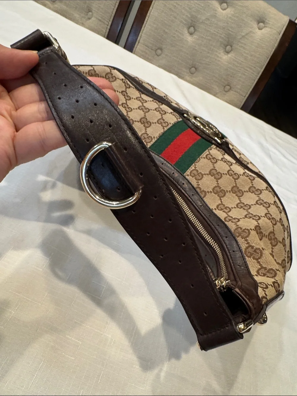 Authentic Gucci Beige GG Canvas Hobo with Red and Green Web Stripe